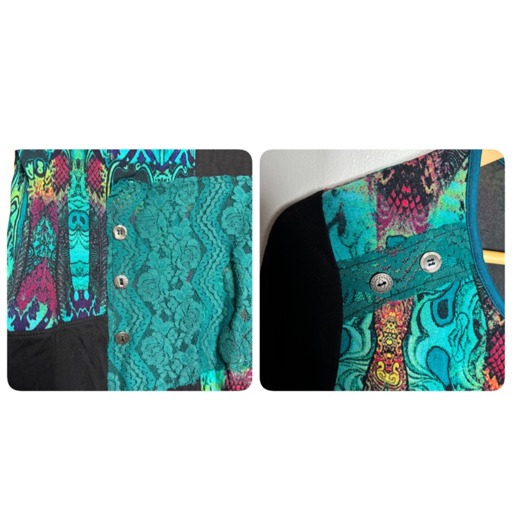 Kaktus black green abstract mixed media lace patchwork tunic blouse size M - Picture 4 of 8